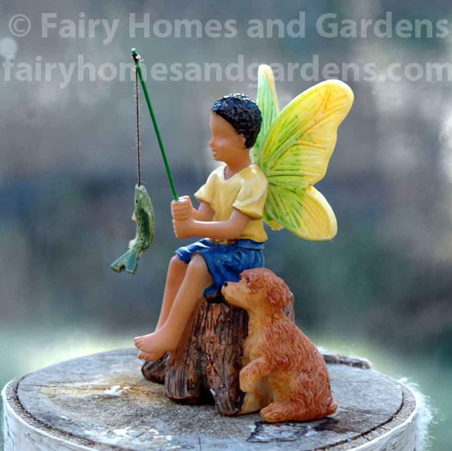 African American Fairy Boy Fishing with His Dog