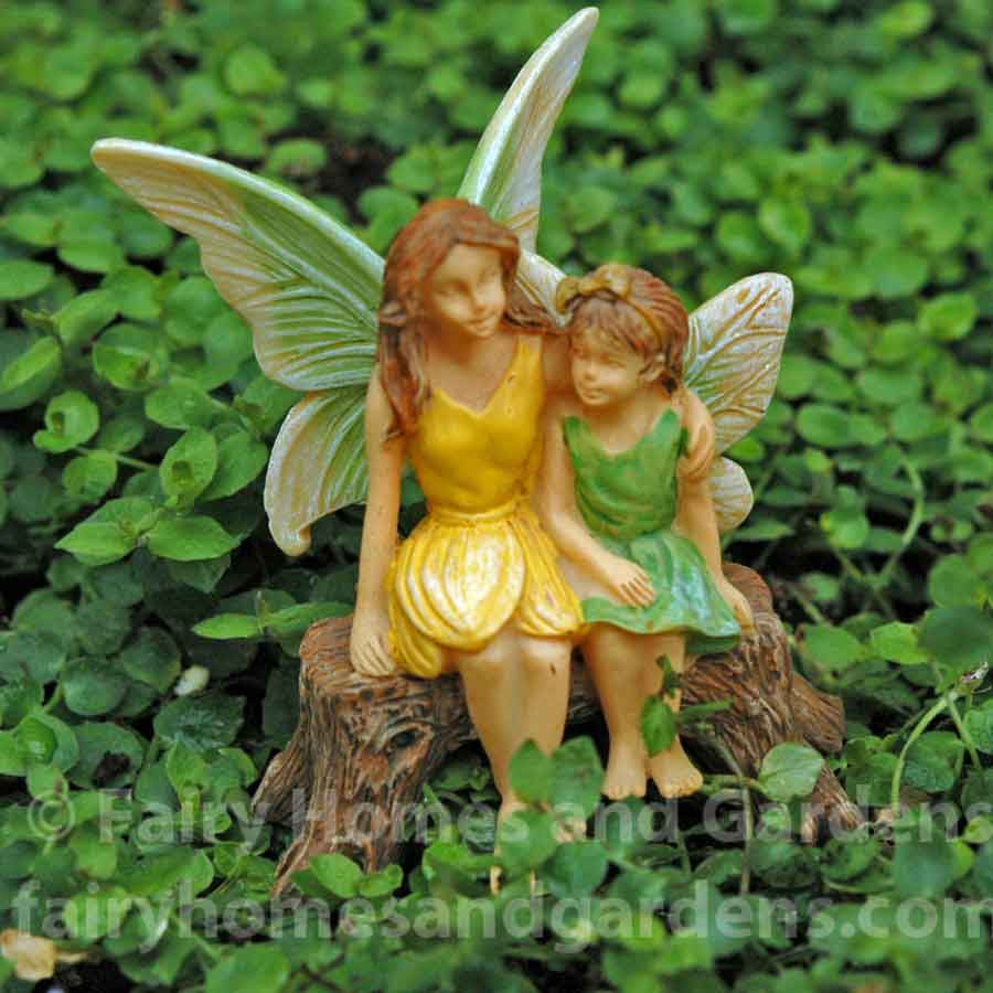 Miniature Fairy Sisters on Bench