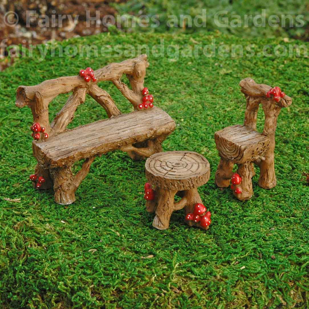 Miniature Rustic Mushroom Furniture Set 