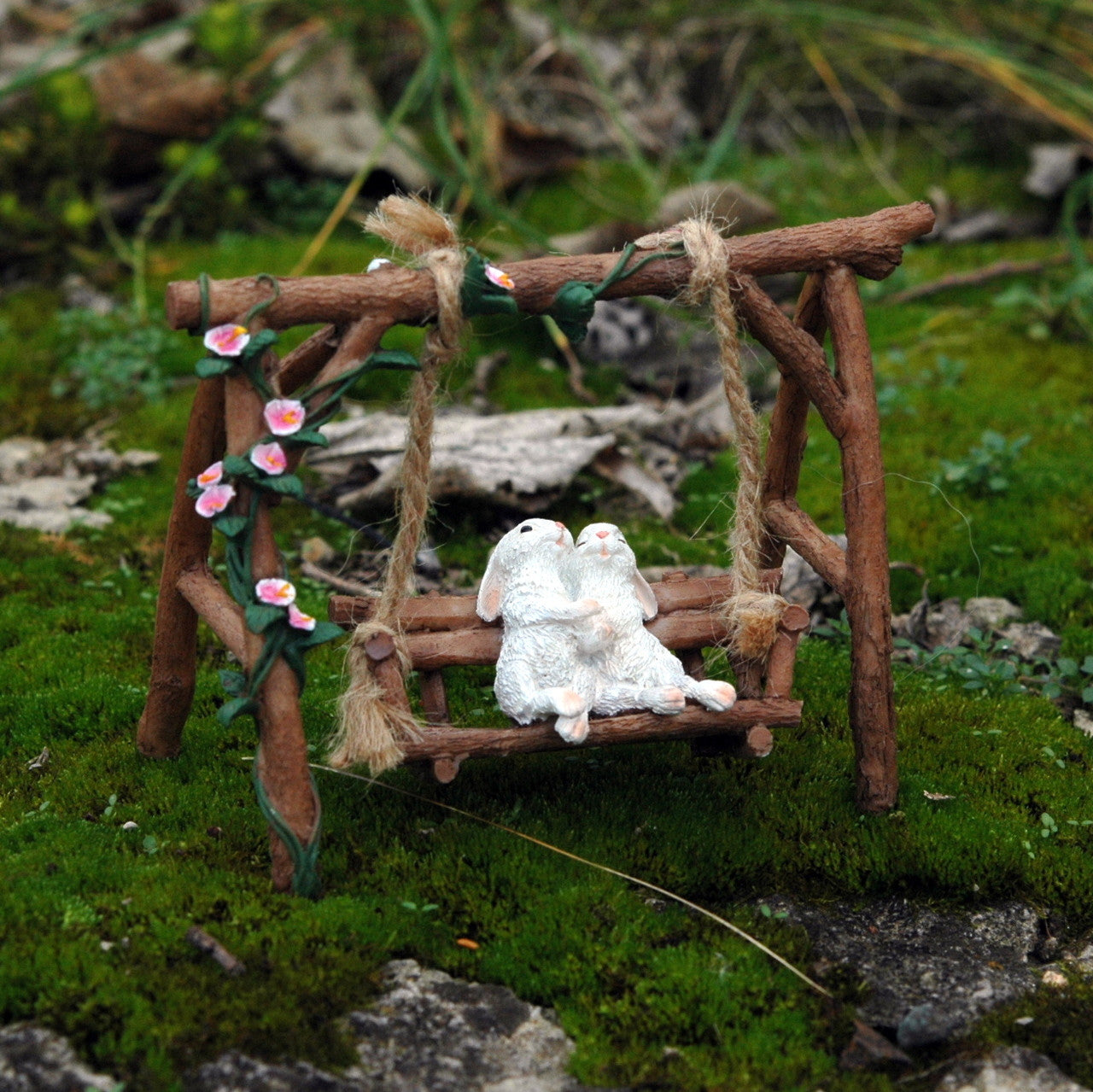Miniature Loving Rabbits on Swinging Garden Bench