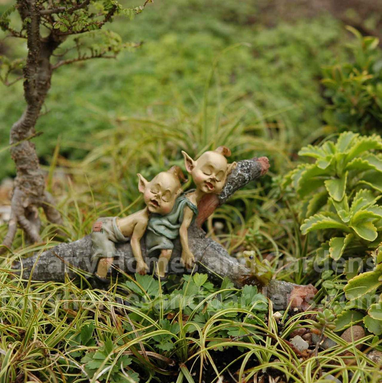 Twin Garden Pixies Napping on a Tree Log